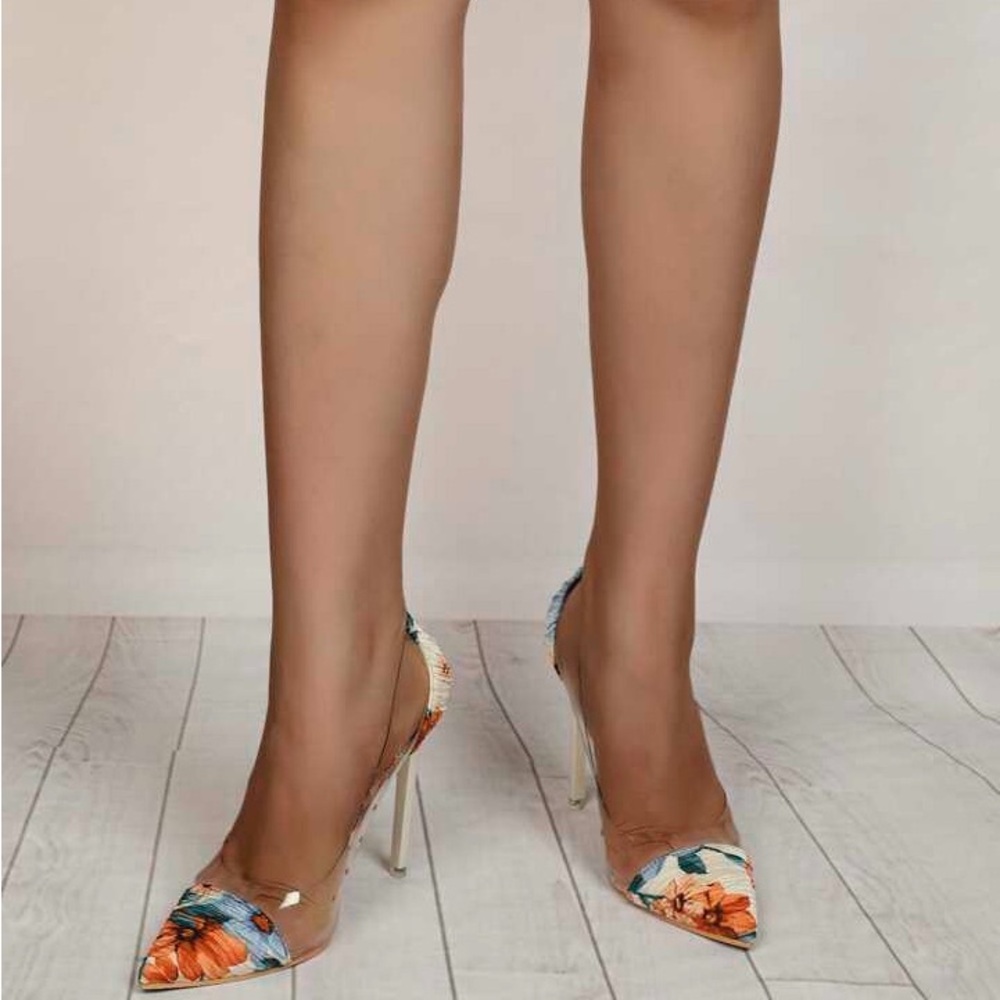 Floral Stiletto Heels pvc point toe court pumps color block high elegant sexy - Picture 7 of 13
